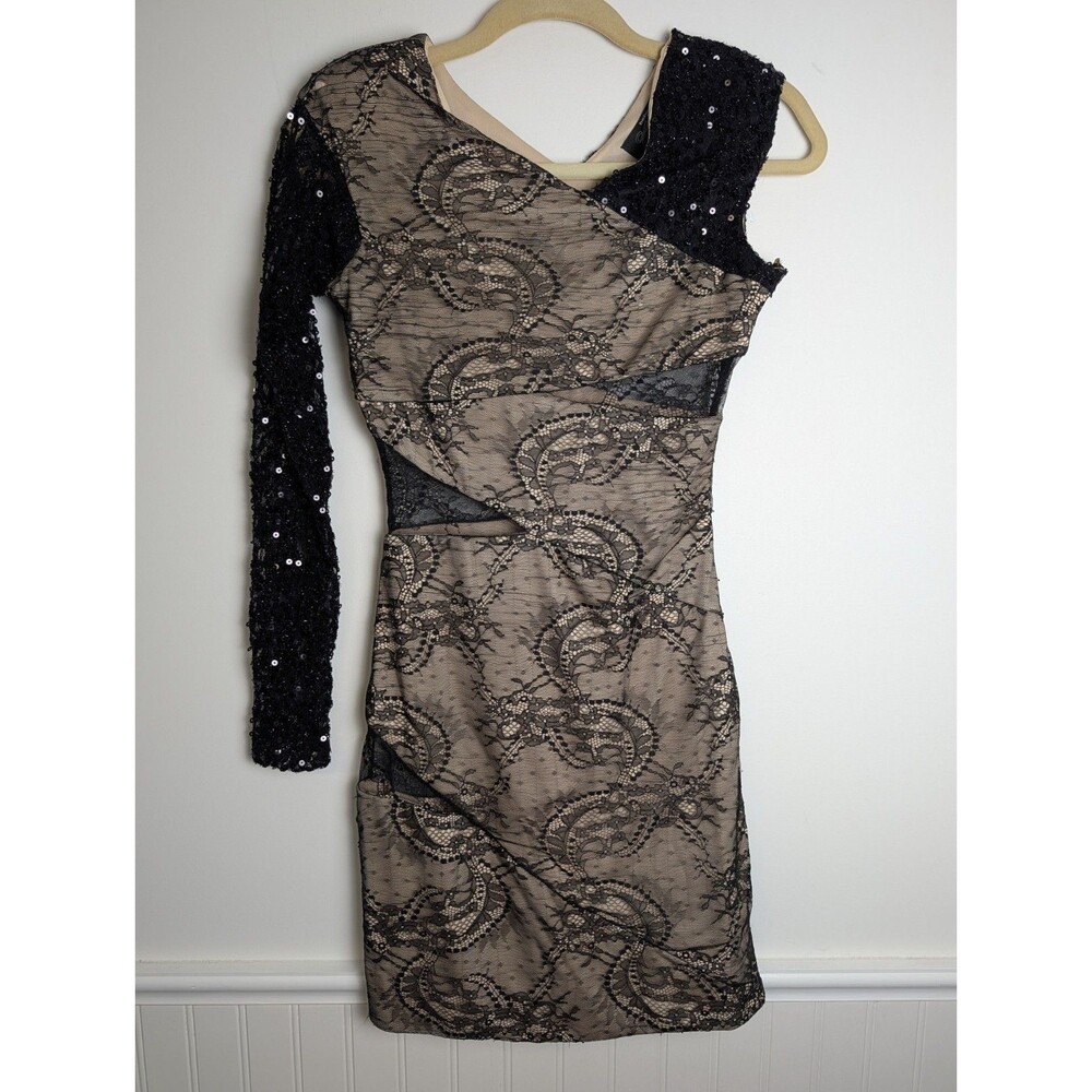 Bebe Addiction Bodycon Dress Lace  Overlay Sequins Party Club Going Out Sz XS